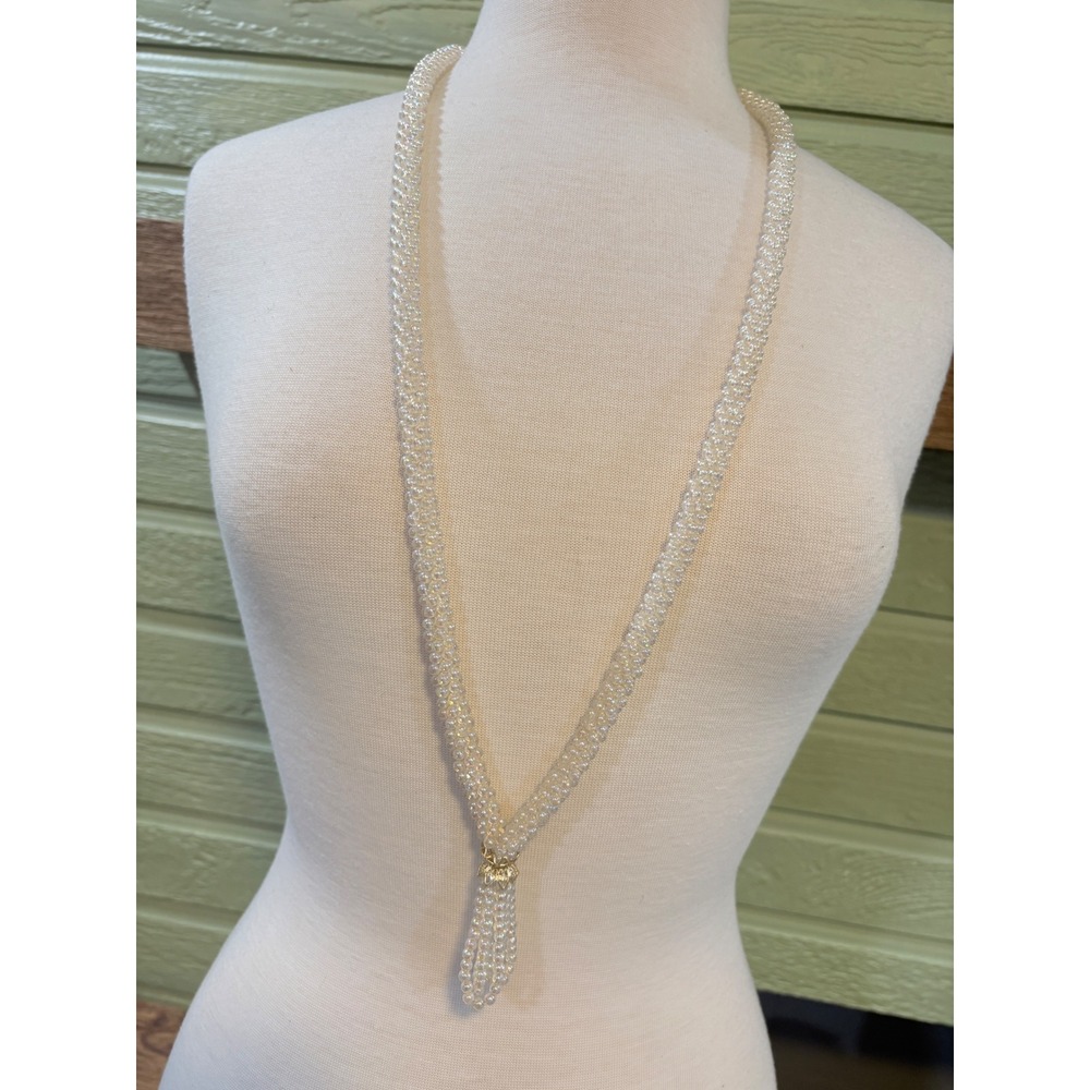 Vintage Iridescent Faux Pearl Lariat‎ Tassel Necklace Multi Strand Woven Rope